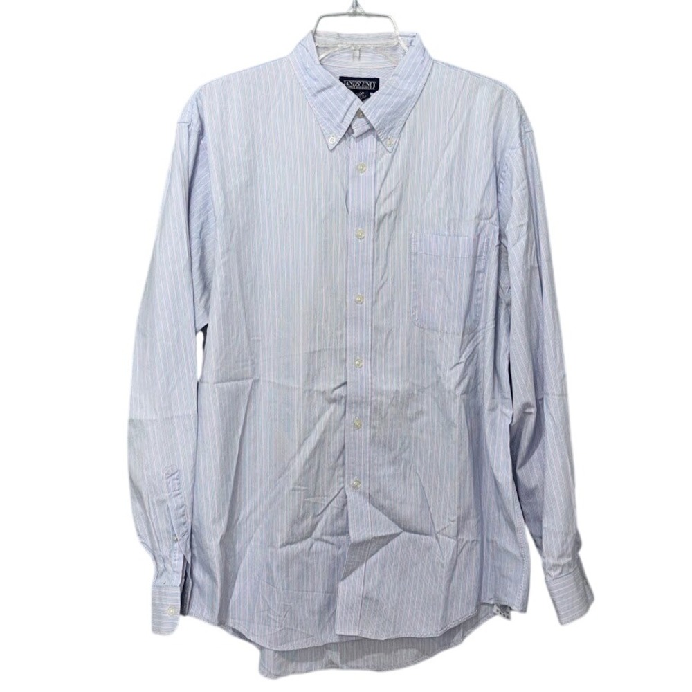 Lands End Mens 16.5 34 Regular Striped Button Down Shirt Blue Pink Long Sleeve